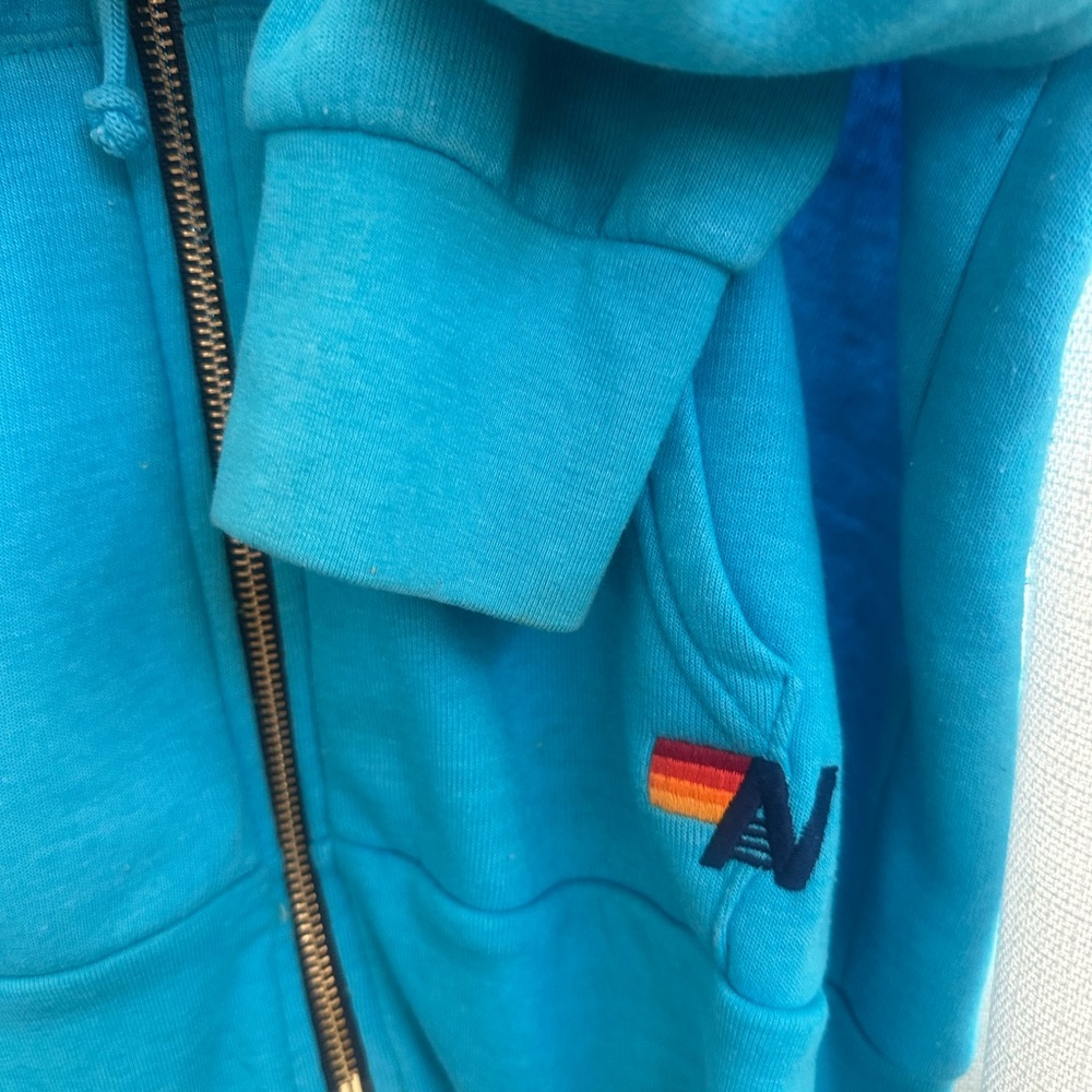Aviator Nation Blue Hoodie with neon Rainbow Stripes - Picture 2 of 4